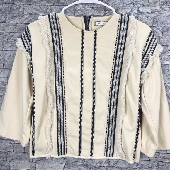 Anthropologie Eri + Ari Cream Lace tasseled 3/4 Sleeve Top Size XXSmall Petite - Picture 12 of 14